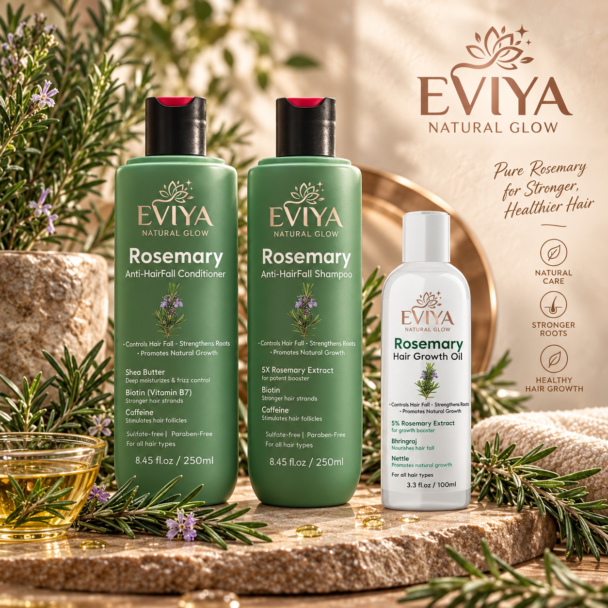 EVIYA Rosemary Anti-HairFall Shampoo, Conditioner and Hair Growth Oil